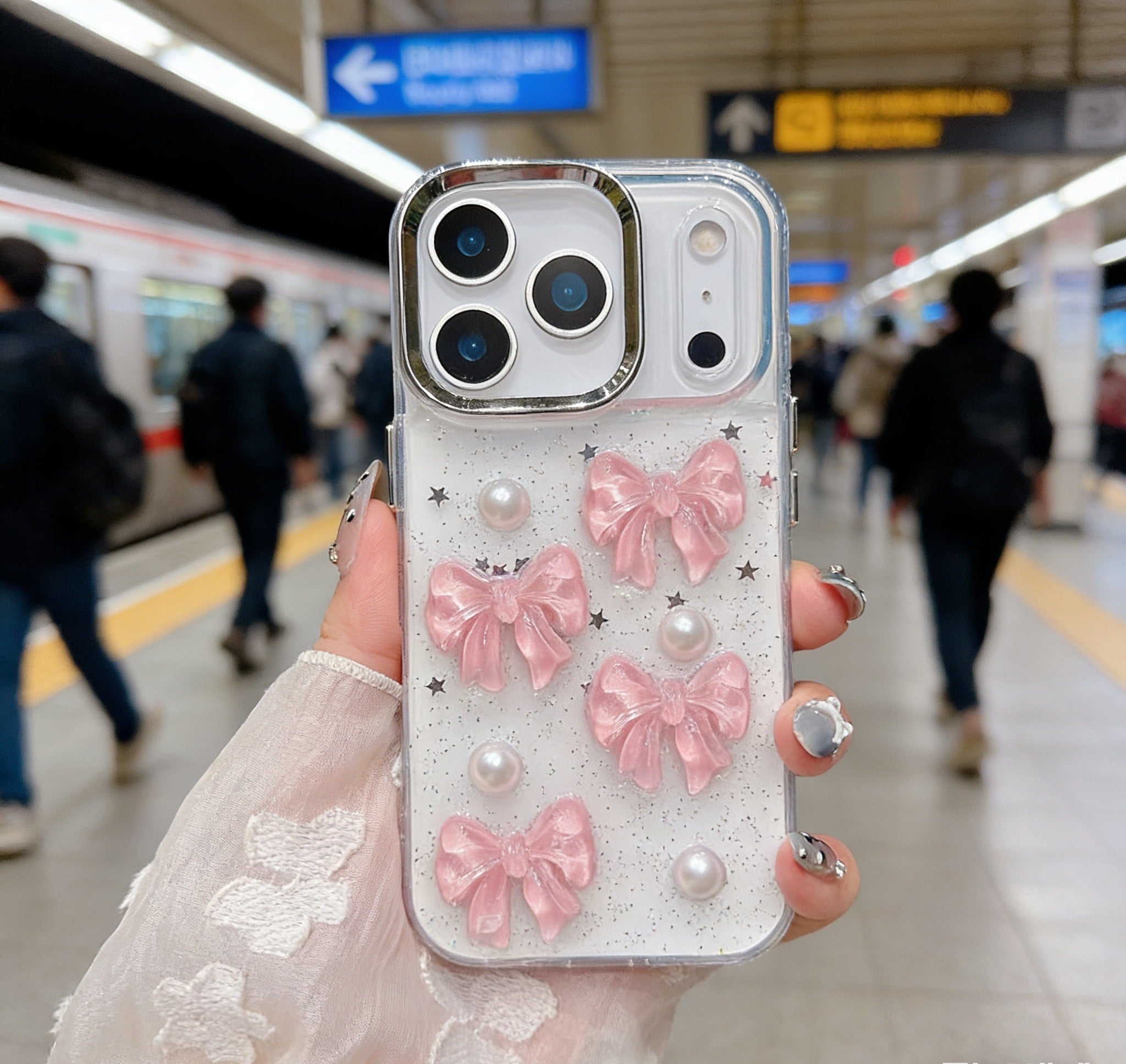 Sweet Kiss Bow & Pearl Star Silicone Case For iPhone