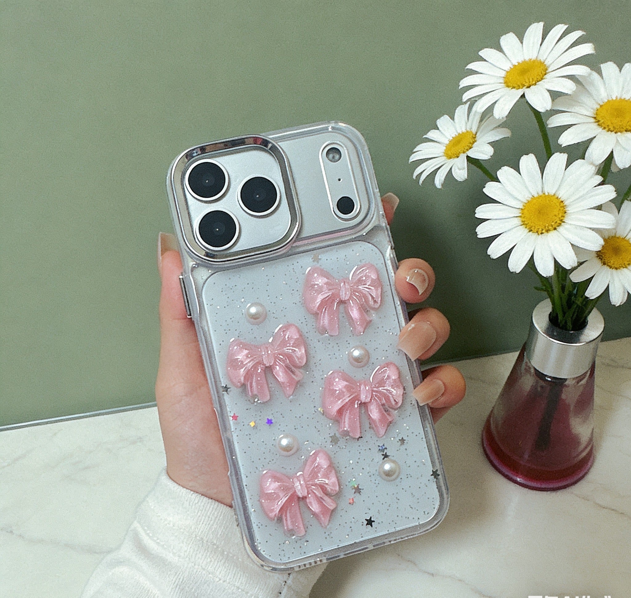 Sweet Kiss Bow & Pearl Star Silicone Case For iPhone