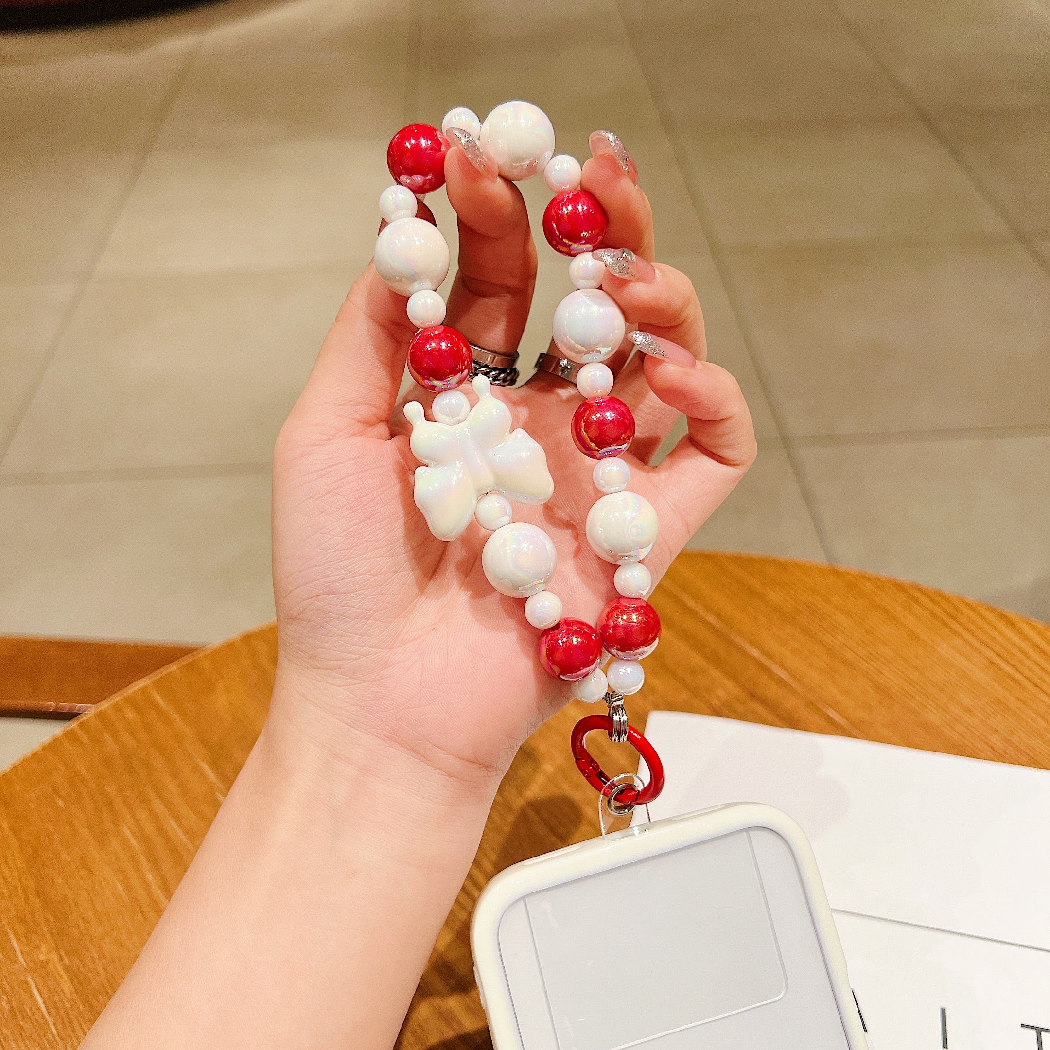 Vibrant Red & Pearl Butterfly Beaded Phone Charm