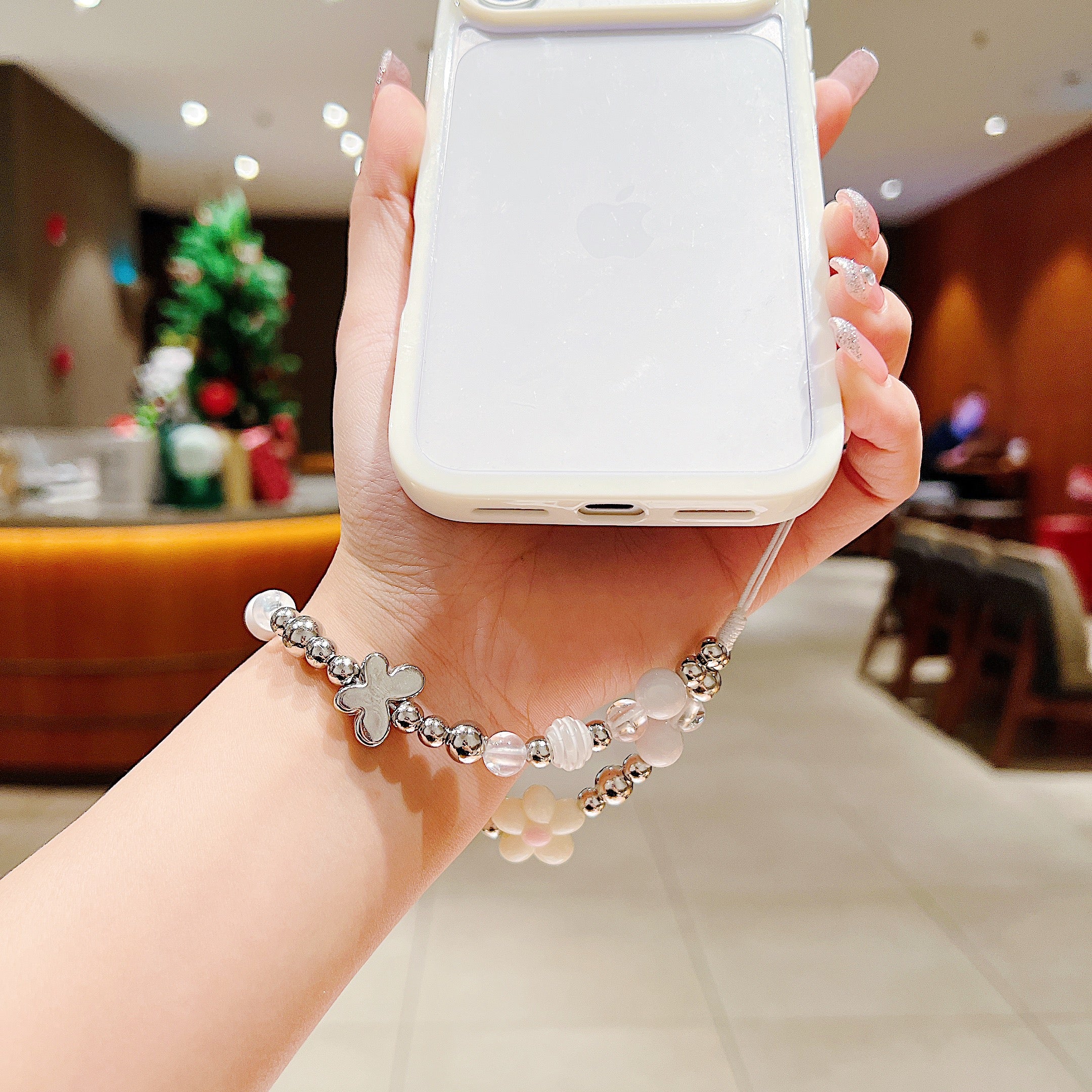 White Flower & Silver Beaded Phone Charm