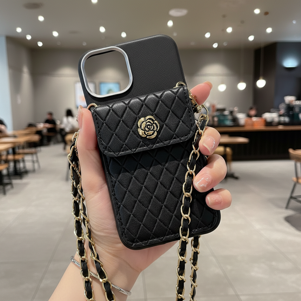 Black Texture Wallet With Golden Chain Silicon Phone Cases
