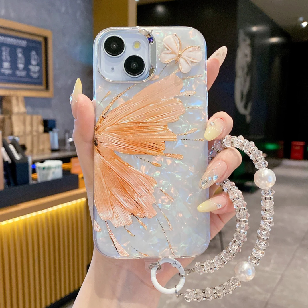 Orange Butterfly With Steel Camera Protection With Bracelet Phone Case