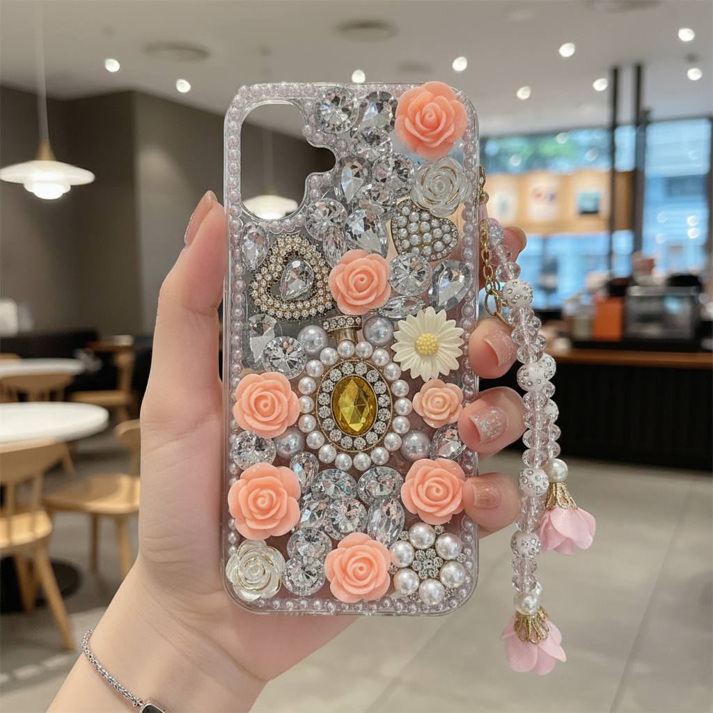Crystal Rhinestone Pearl Love Rose Wristband Bracelet Case