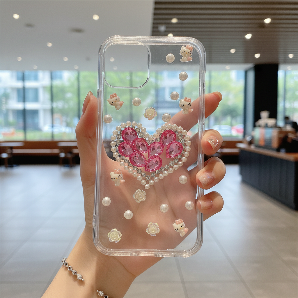 White Peals With Pink Diamond Heart - Phone Case For iPhone 14 Pro