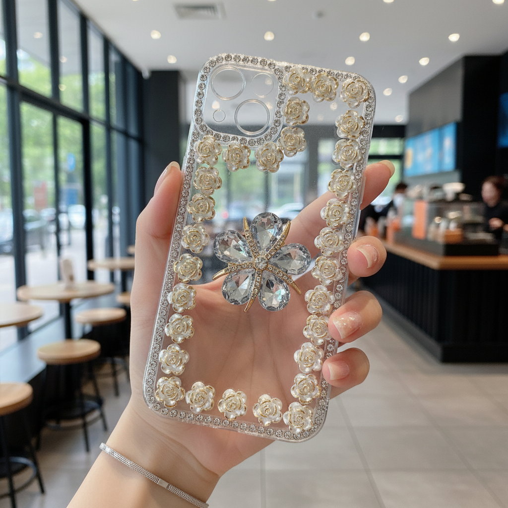 Crystal Flower Bling Case with Rose Border - Phone Case For iPhone 14