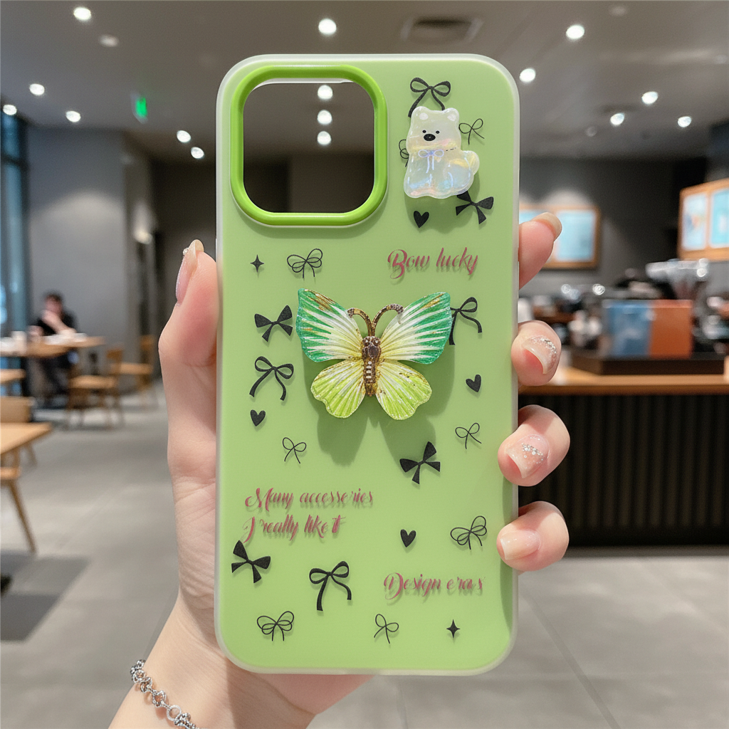 Matcha Flutter Dream Coquette Luxury Handcrafted Butterfly & Bow Motif - Phone Case For iPhone 14