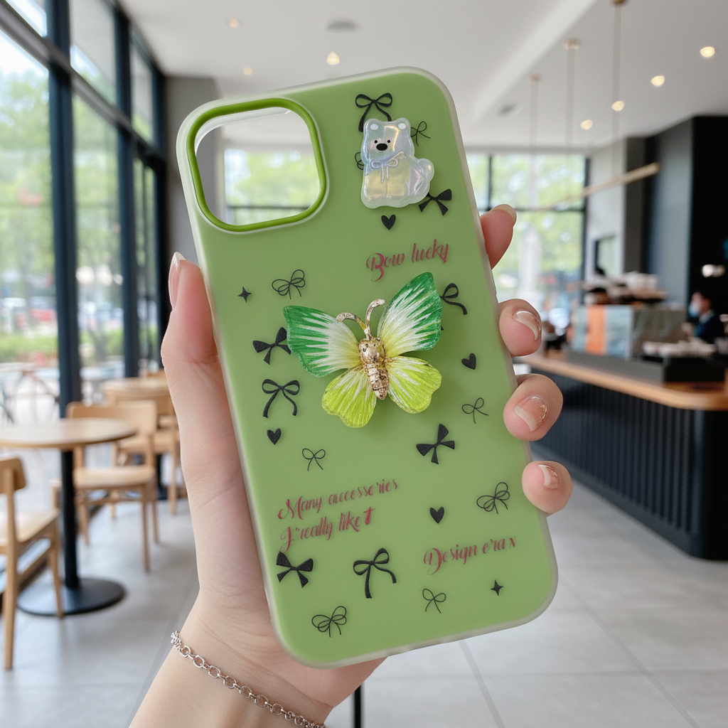 Matcha Flutter Dream Coquette Luxury Handcrafted Butterfly & Bow Motif - Phone Case For iPhone 14