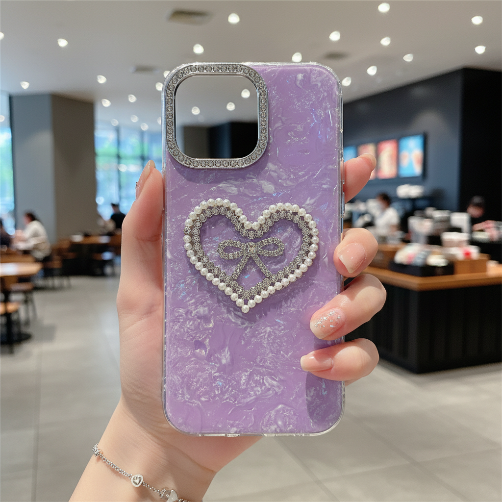 Lavender Éclat Bow Heart Frame Silicone Phone Cases For iPhone
