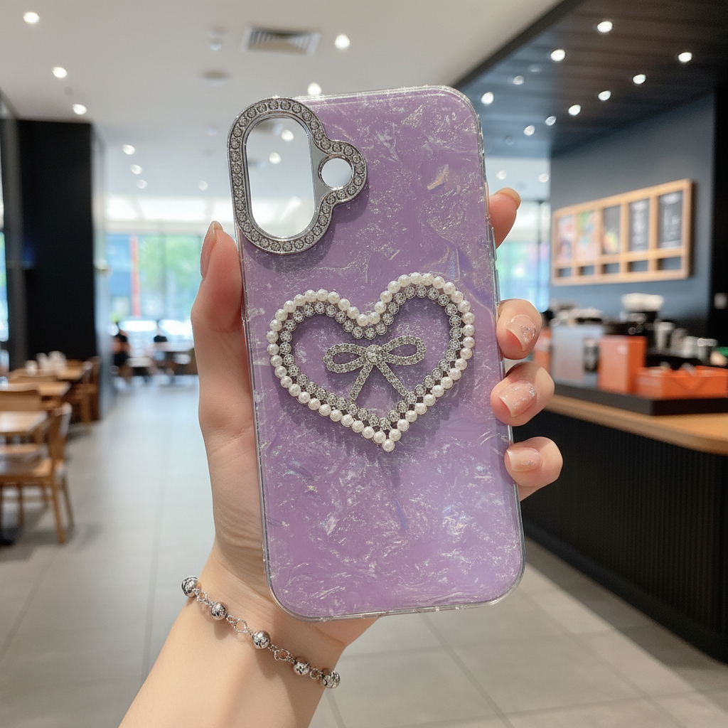Lavender Éclat Bow Heart Frame Silicone Phone Cases For iPhone
