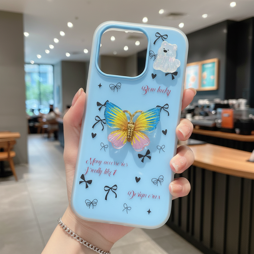 Sky Blue Flutter Coquette Luxury Handcrafted Butterfly & Bow Motif - Phone Case For iPhone 14