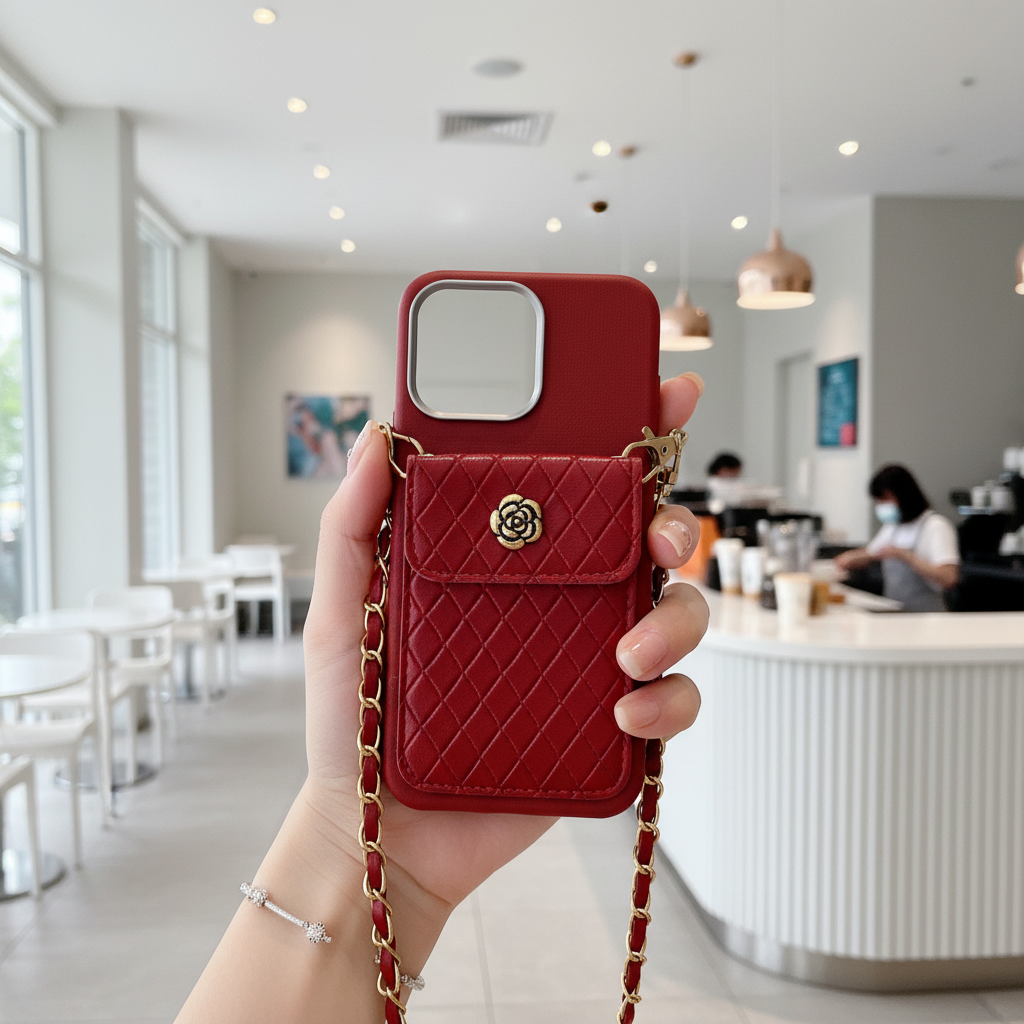 Red Texture Wallet With Golden Chain Silicon Phone Cases