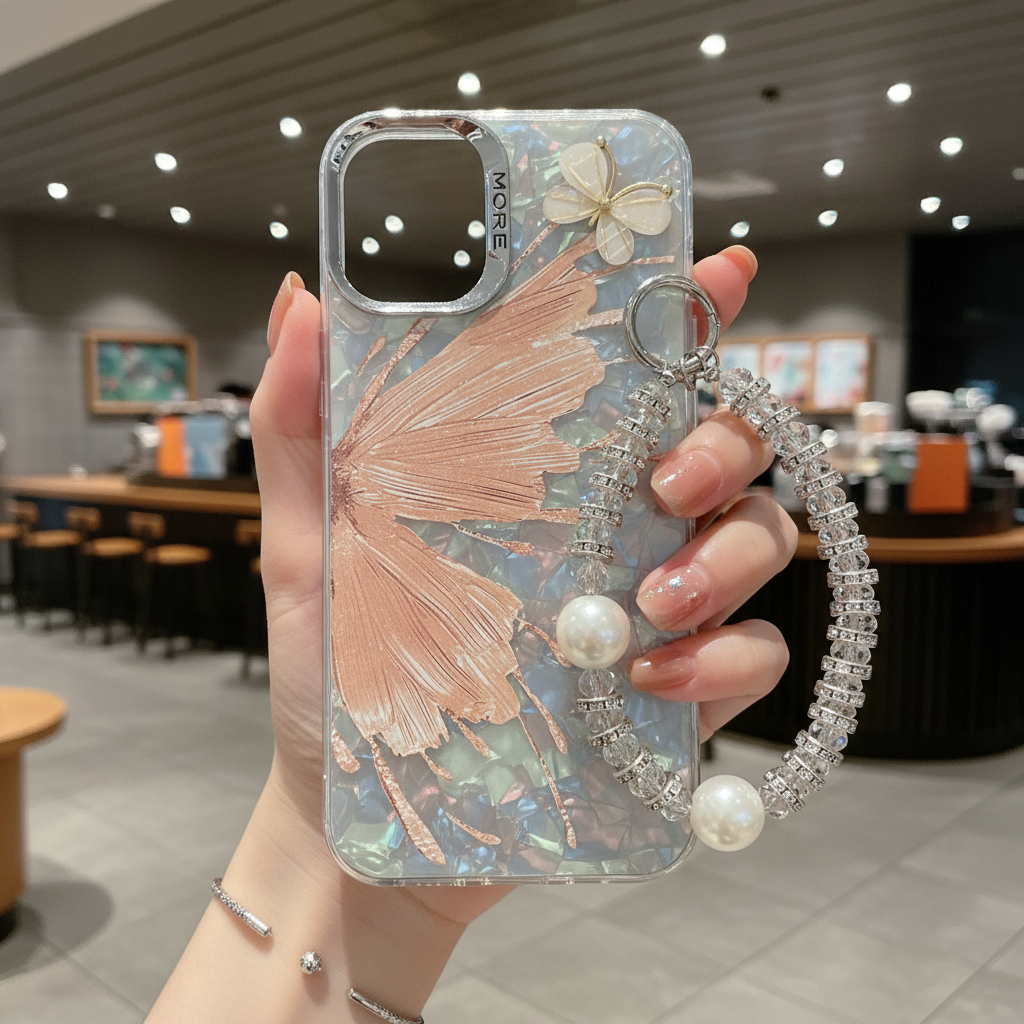 Orange Butterfly With Steel Camera Protection With Bracelet Phone Case