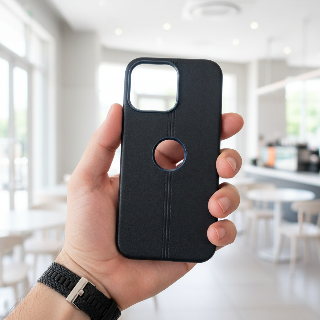 Classic Black Leatherette Case - Aesthetic Minimalist Professional Design with Apple Logo Cutout