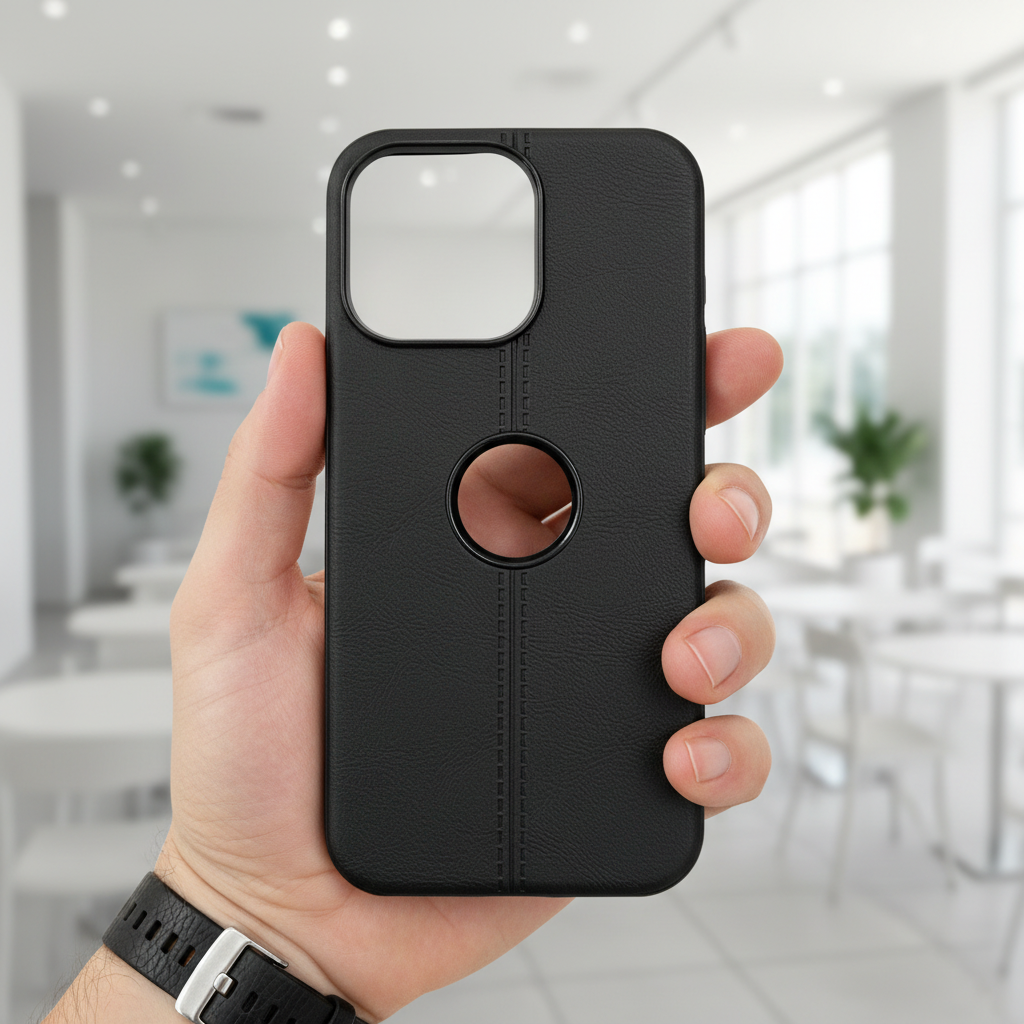 Classic Black Leatherette Case - Aesthetic Minimalist Professional Design with Apple Logo Cutout