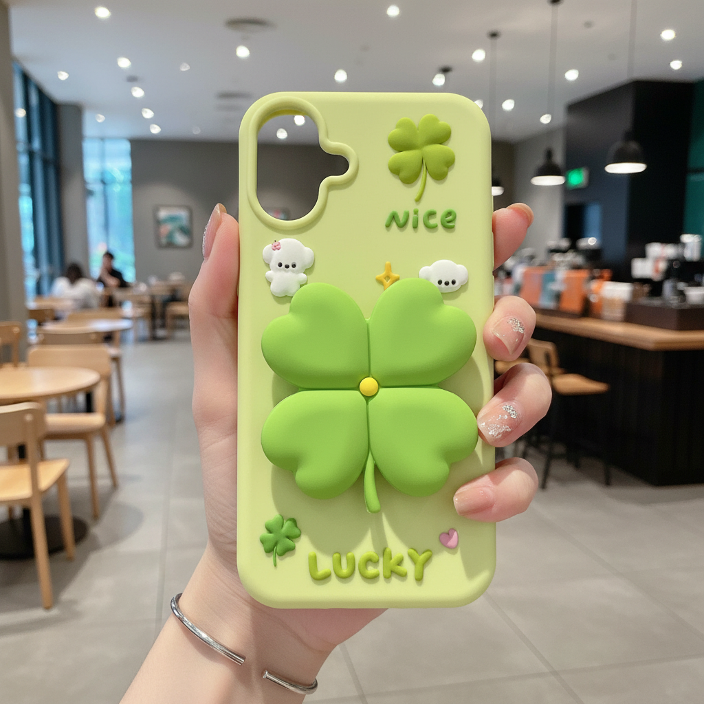 3D Green Clover 'Lucky & Nice' Cute Cartoon Design Silicone Phone Case