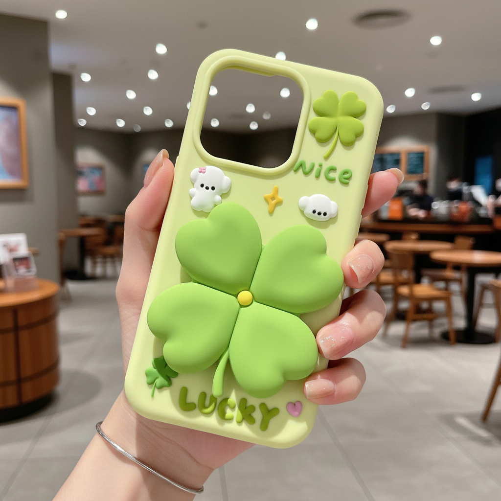 3D Green Clover 'Lucky & Nice' Cute Cartoon Design Silicone Phone Case