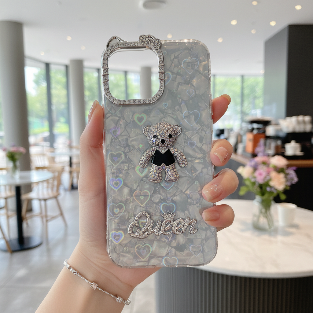 Queen Teddy With Diamond Camera Frame Silicone Phone Case