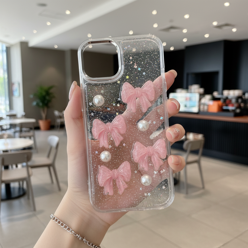 Sweet Kiss Bow & Pearl Star Silicone Case For iPhone