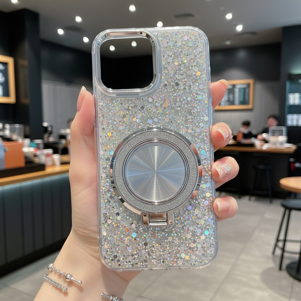 Silver Glitter Case with Ring Stand – Luxury Sparkle Design