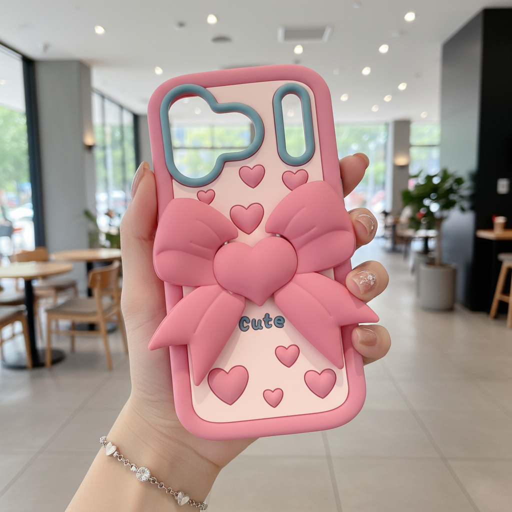 Pink Heart With Bow Stand Silicon Phone Cases For iPhone