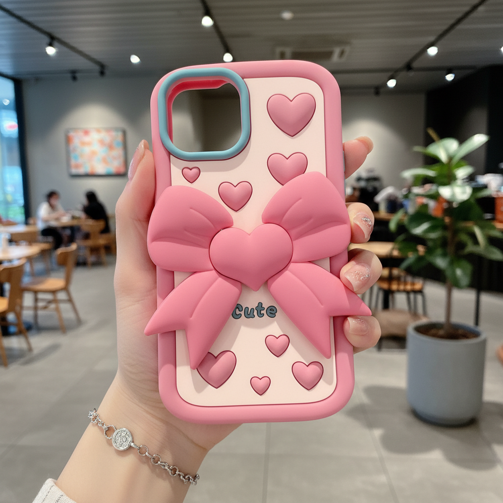 Pink Heart With Bow Stand Silicon Phone Cases For iPhone