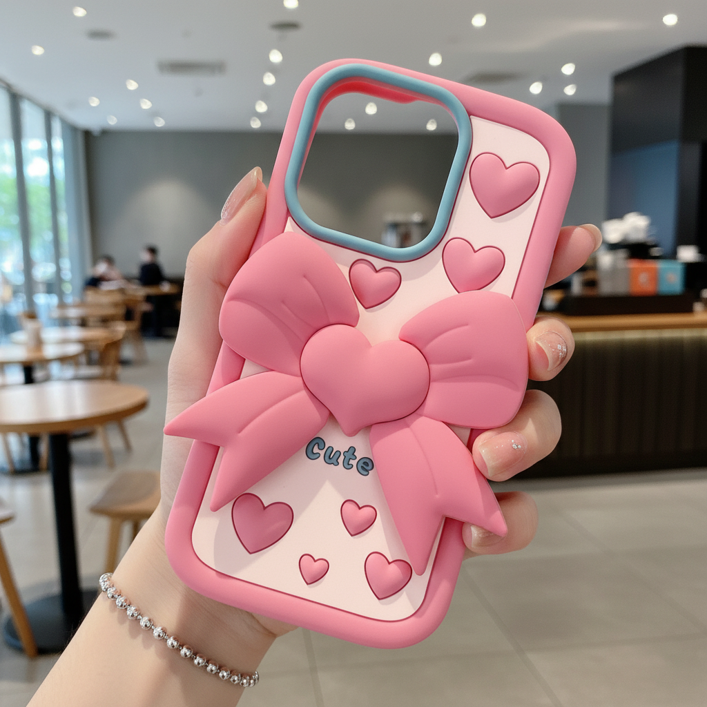 Pink Heart With Bow Stand - Phone Case For iPhone 14 Pro Max