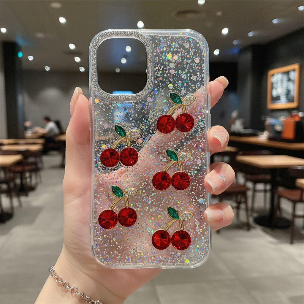 Red Cherry Crystal Phone Case - Luxury Glitter Liquid & Diamond Camera Lens Case