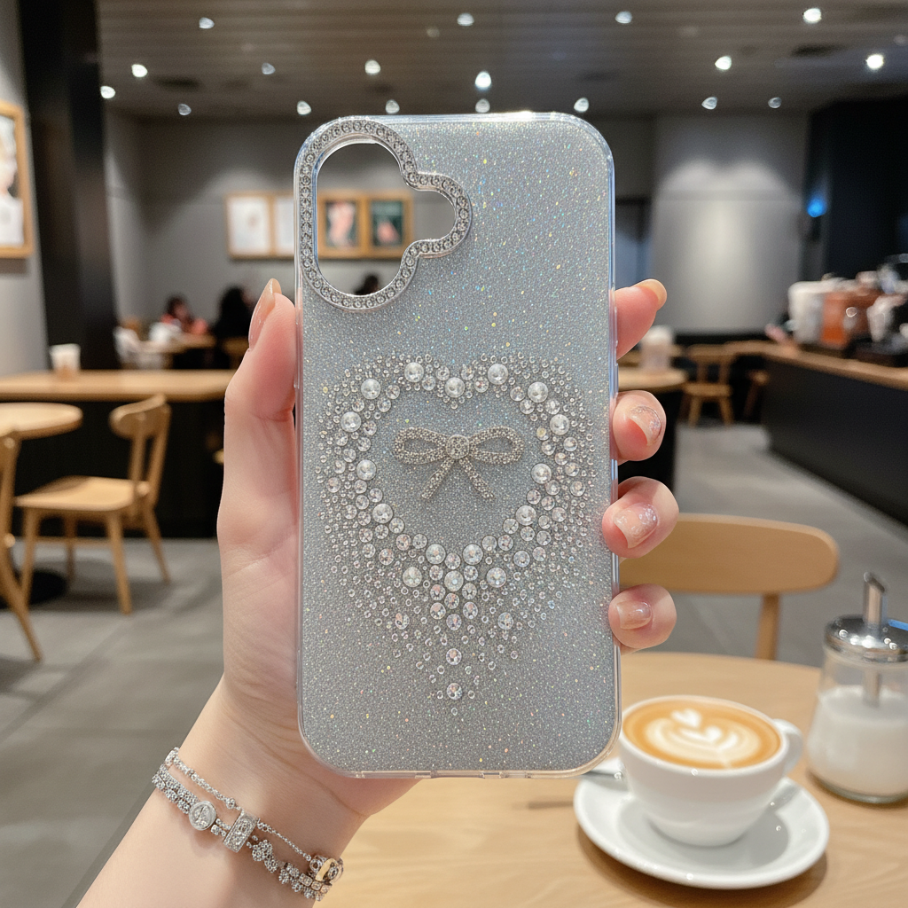Stardust Heart Shimmer Case Luxury Silver Ribbon & Glitter Shield