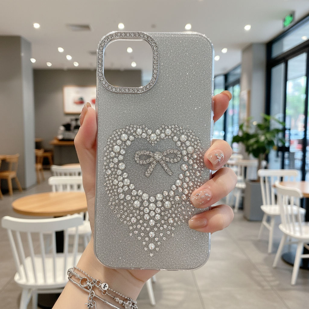 Stardust Heart Shimmer Case Luxury Silver Ribbon & Glitter Shield