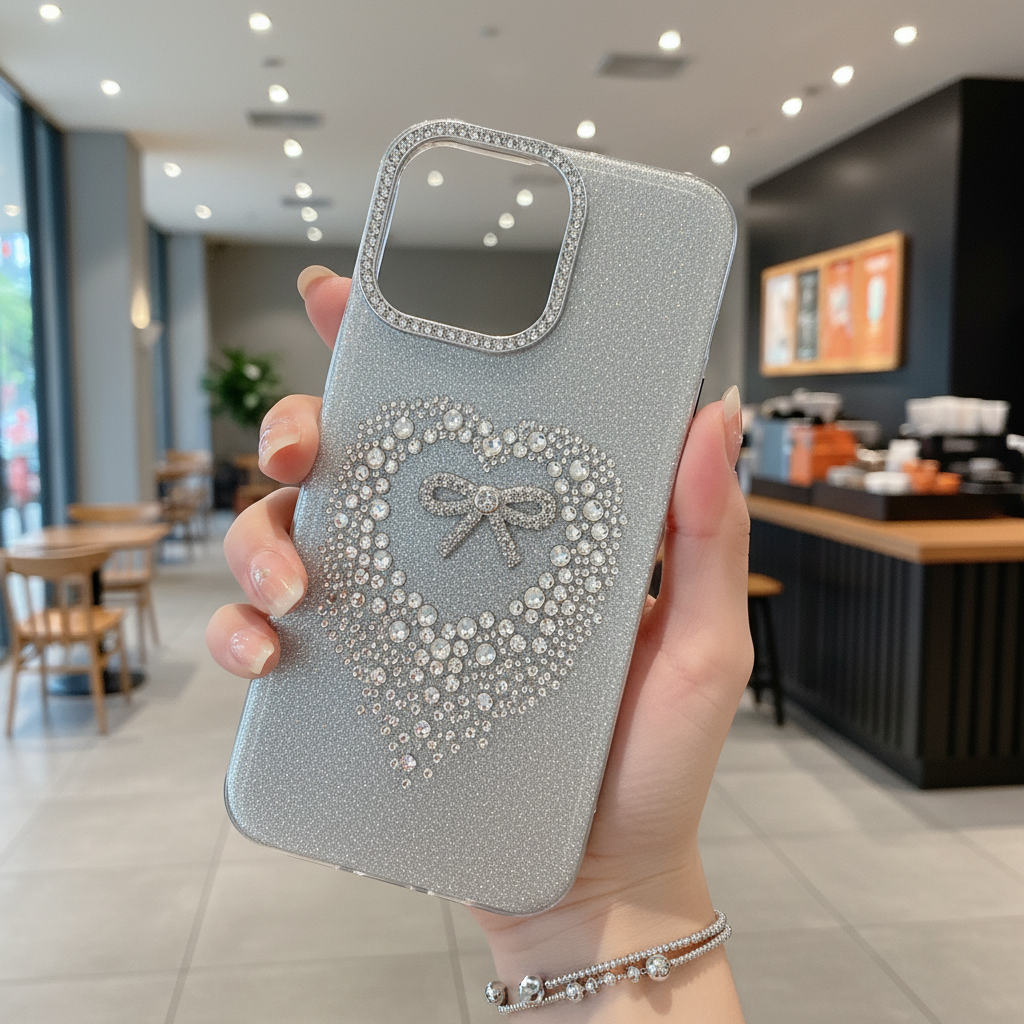 Stardust Heart Shimmer Case Luxury Silver Ribbon & Glitter Shield