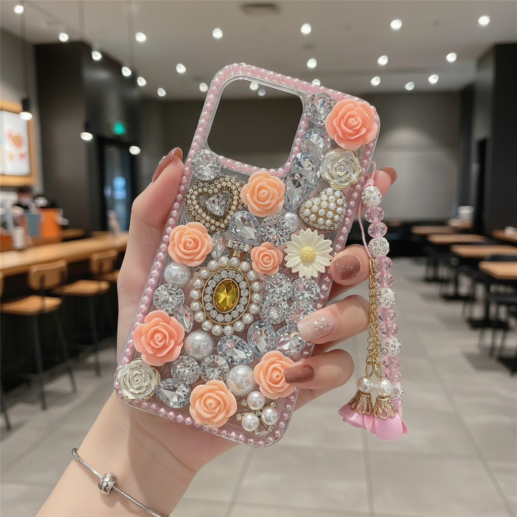 Crystal Rhinestone Pearl Love Rose Wristband Bracelet Case
