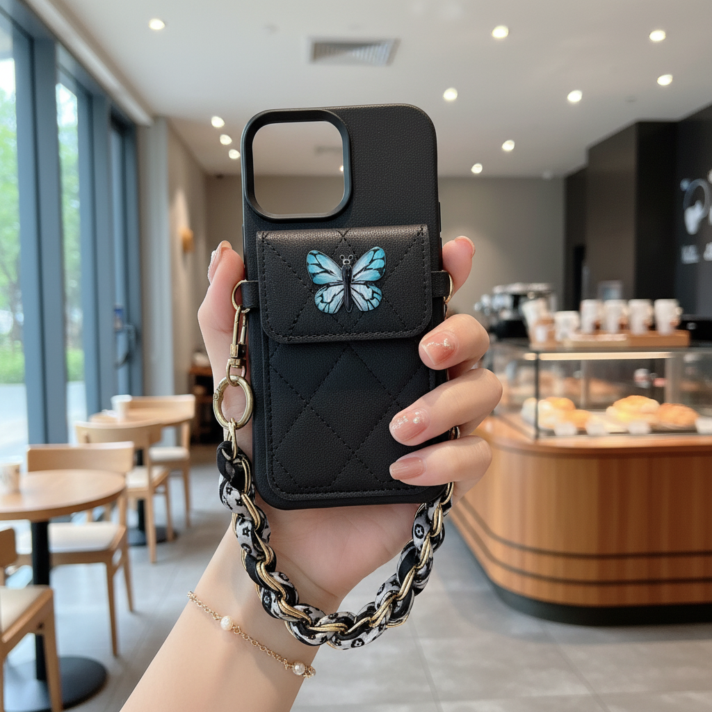 Butterfly Charm Black Leather Wallet Phone Case with Stylish Chain Strap