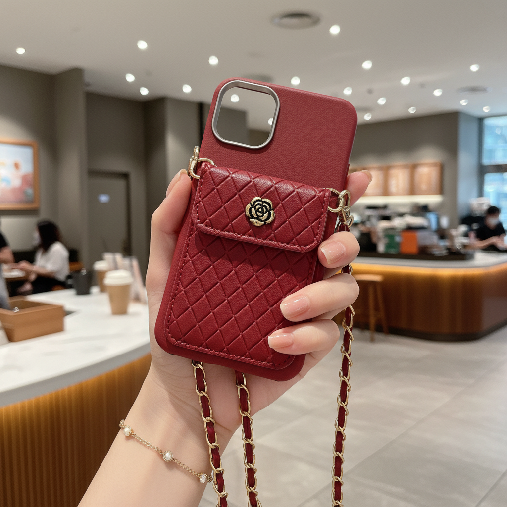 Red Texture Wallet With Golden Chain Silicon Phone Cases
