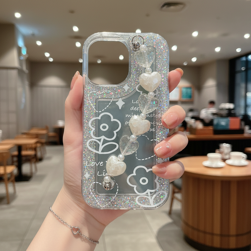 Love Your Life Flower Glitter With Chain - Phone Case For iPhone 13