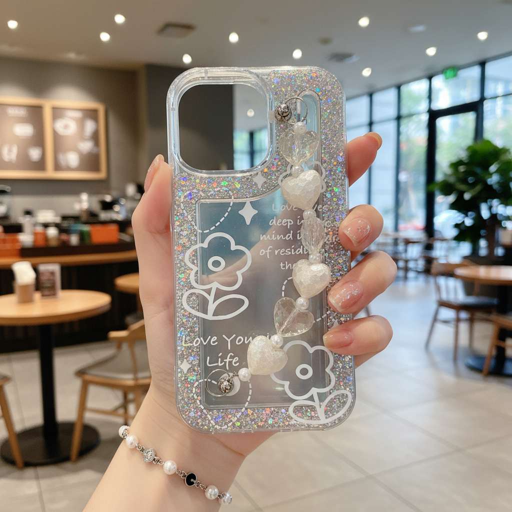 Love Your Life Flower Glitter With Chain - Phone Case For iPhone 14