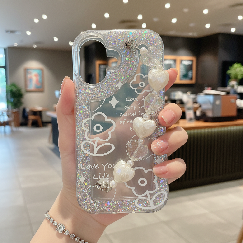 Love Your Life Flower Glitter With Chain - Phone Case For iPhone 16 Plus