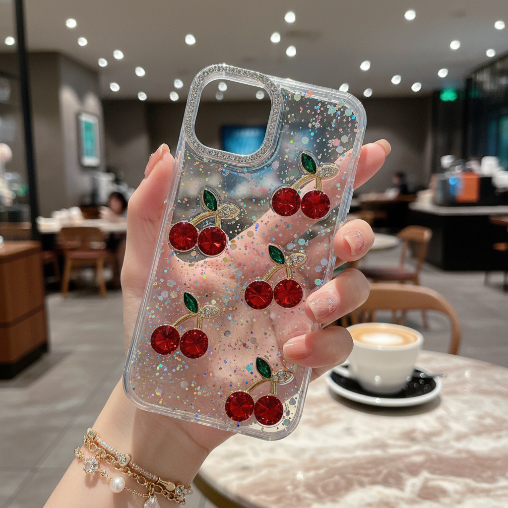 Red Cherry Crystal Phone Case - Luxury Glitter Liquid & Diamond Camera Lens Case