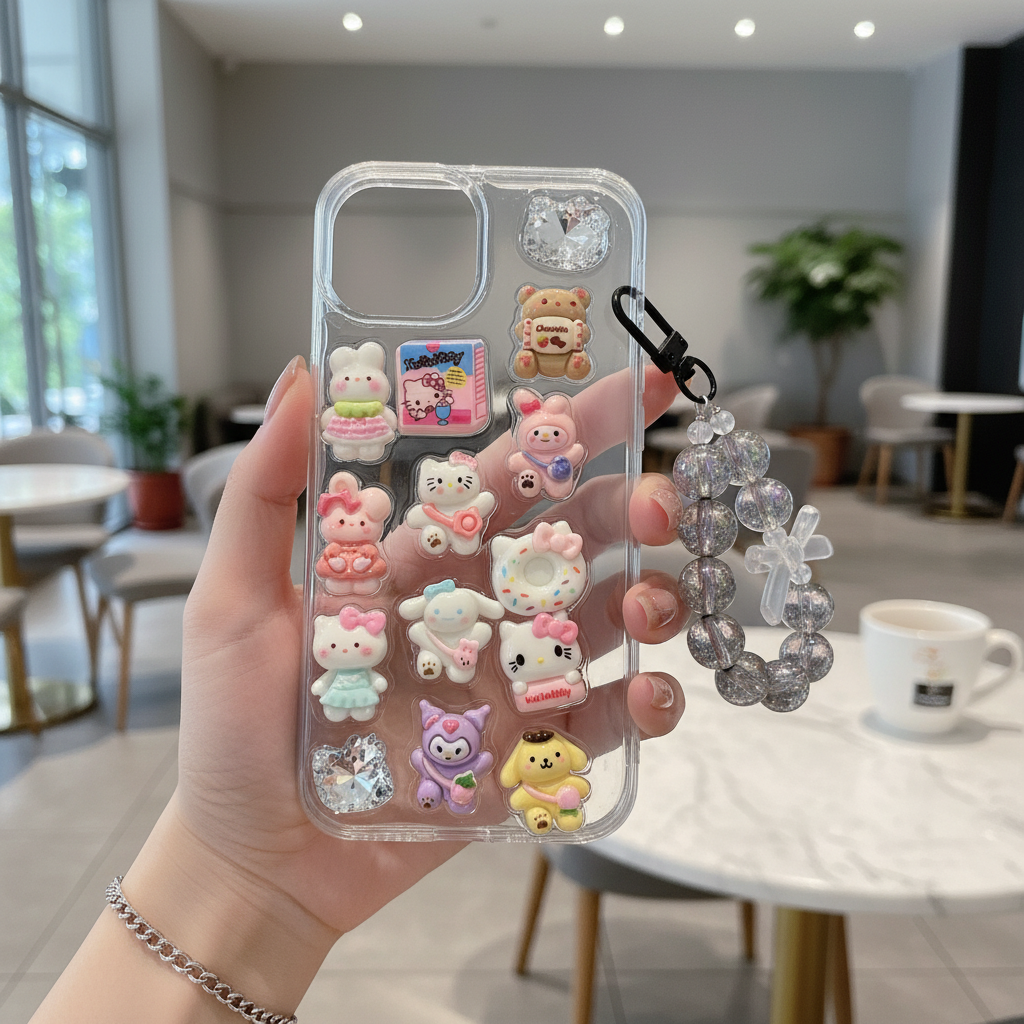Kawaii 3D Cartoon Case with Pink Bead Strap – Trendy Girly Design 