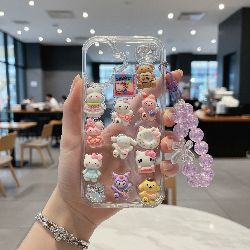 Kawaii 3D Cartoon Case with Pink Bead Strap – Trendy Girly Design 