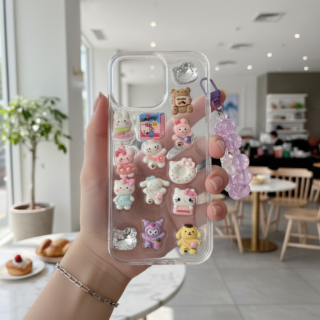 Kawaii 3D Cartoon Case with Pink Bead Strap – Trendy Girly Design 