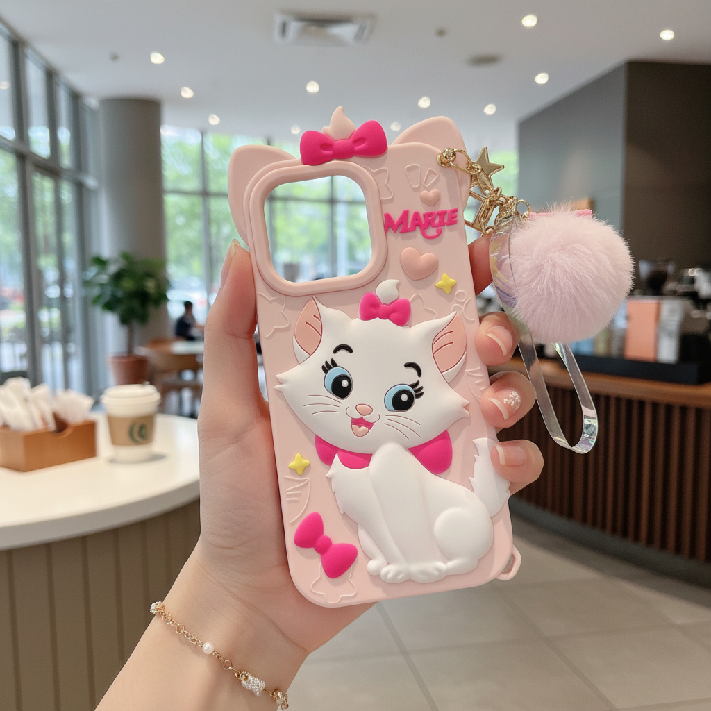Disney Marie Cat With Fur Charm Silicon Phone Cases